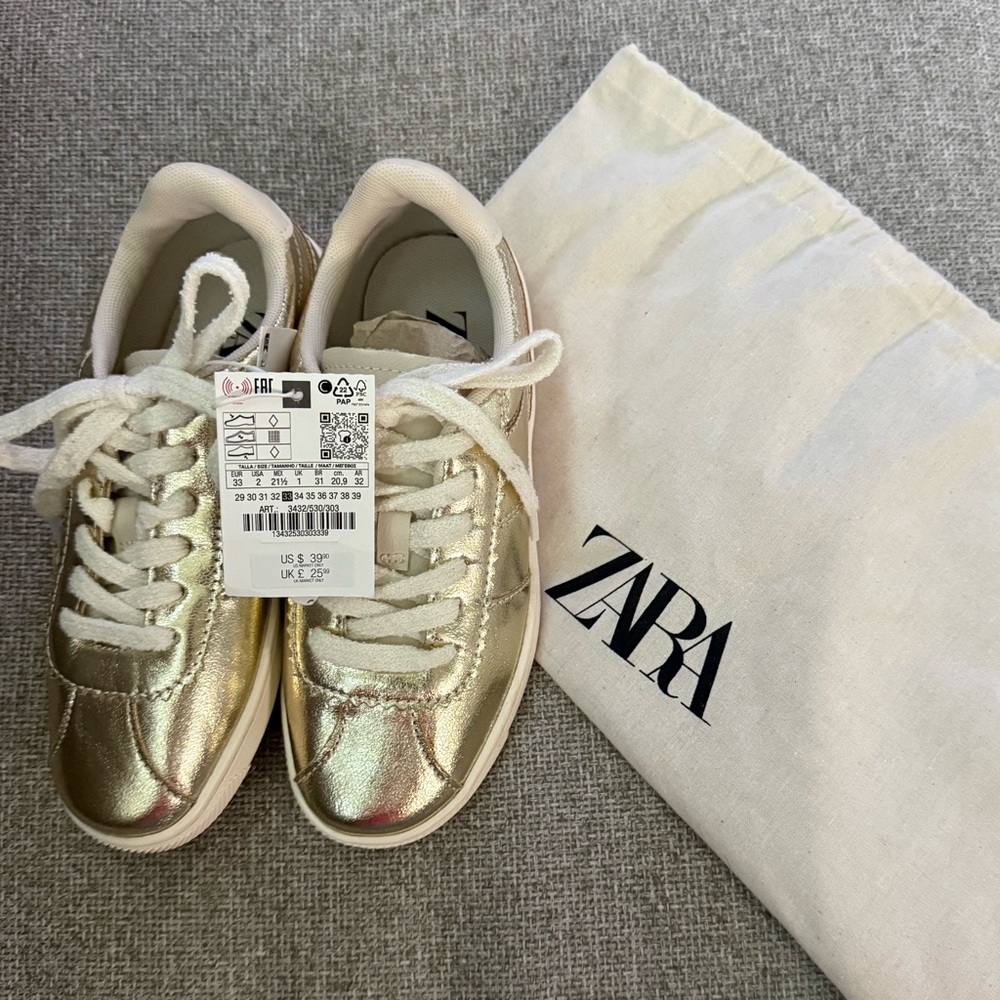 NEW Zara Metallic Gold Sneakers with White laces